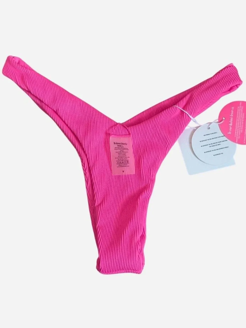 NWT New Kulani Kinis Y Cheeky Bikini Bottoms Swimsuit flamingo pink ribbed Sz L